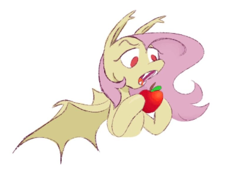 Size: 1000x784 | Tagged: safe, artist:partyponypower, derpibooru import, fluttershy, bat pony, pony, apple, bat ponified, bust, fangs, flutterbat, food, image, jpeg, race swap, red eyes, sharp teeth, simple background, solo, spread wings, teeth, white background, wings