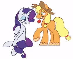 Size: 1000x804 | Tagged: safe, artist:partyponypower, derpibooru import, applejack, rarity, earth pony, pony, unicorn, female, flower, hat, image, jpeg, lesbian, lidded eyes, mouth hold, rarijack, rose, shipping, simple background, sitting, standing, white background