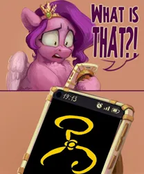 Size: 2496x3000 | Tagged: safe, artist:jewellier, derpibooru import, pipp petals, pegasus, pony, chest fluff, derpibooru exclusive, female, g5, hoof hold, image, jpeg, mare, meme, meme template, mobile phone, phone, pinpoint eyes, pipp petals is not amused, reaction image, shocked, shocked expression, shocked pipp meme, solo, speech, talking, text, the king in yellow, the yellow sign, unamused