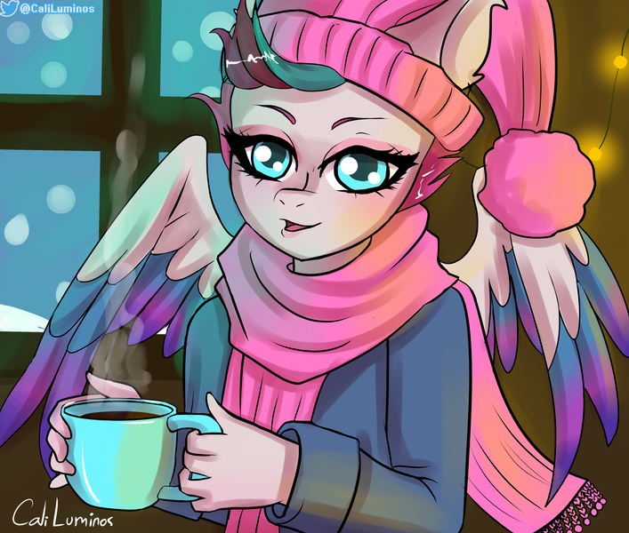 Size: 3746x3177 | Tagged: safe, artist:cali luminos, derpibooru import, zipp storm, anthro, pegasus, pony, bust, clothes, coffee, commission, fanart, female, g5, high res, image, jpeg, mare, mug, portrait, scarf, snow, solo, window, winter, winter outfit