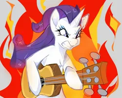 Size: 1882x1509 | Tagged: safe, artist:ecstasydemon, derpibooru import, rarity, pony, unicorn, angry, fire, guitar, image, jpeg, musical instrument, solo, teeth