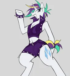 Size: 1381x1509 | Tagged: safe, artist:ecstasydemon, derpibooru import, rarity, anthro, unguligrade anthro, unicorn, alternate hairstyle, bracelet, clothes, hooves, image, jpeg, midriff, punk, raripunk, shorts, smiling, solo, spiked wristband, standing, standing on two hooves, wristband