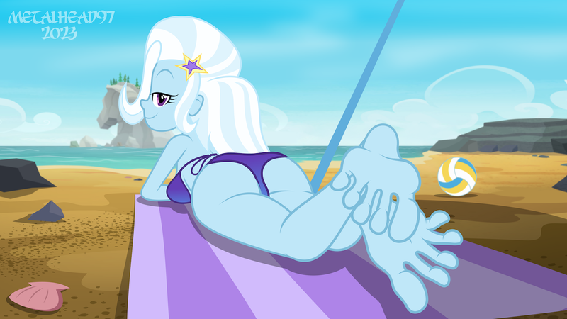 Size: 1280x720 | Tagged: suggestive, artist:metalhead97, derpibooru import, trixie, equestria girls, equestria girls series, ass, beach, beach ball, beach towel, bedroom eyes, breasts, butt, clam, clothes, feet, fetish, foot fetish, image, legs, lidded eyes, looking at you, looking back, panties, png, presenting, show accurate, smiling, swimsuit, thong, thong swimsuit, toes, towel, umbrella, underwear