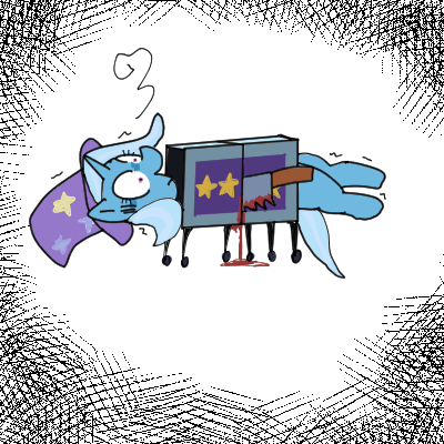 Size: 400x400 | Tagged: semi-grimdark, artist:kushina13, derpibooru import, trixie, pony, unicorn, blood, box, box sawing trick, fail, female, image, jpeg, magic show, magic trick, mare, saw, solo