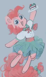 Size: 515x852 | Tagged: safe, artist:krista-21, derpibooru import, pinkie pie, earth pony, pony, semi-anthro, cake, clothes, dress, female, food, hoof hold, image, jpeg, looking at you, mare, open mouth, open smile, simple background, sketch, smiling, smiling at you, solo, wip