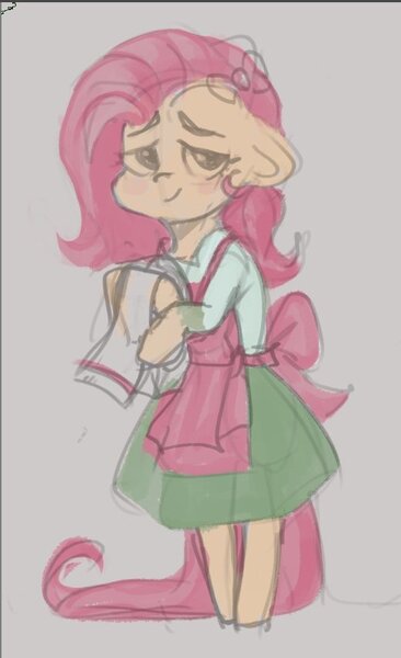 Size: 519x850 | Tagged: safe, artist:krista-21, derpibooru import, fluttershy, pegasus, pony, semi-anthro, apron, clothes, dress, female, floppy ears, gray background, image, jpeg, looking at you, mare, simple background, sketch, smiling, smiling at you, solo, towel, wip