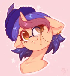 Size: 1821x1956 | Tagged: safe, artist:amishy, derpibooru import, oc, unofficial characters only, pony, unicorn, bust, female, floppy ears, hat, image, jpeg, mare, monocle, outline, pink background, simple background, smiling, solo