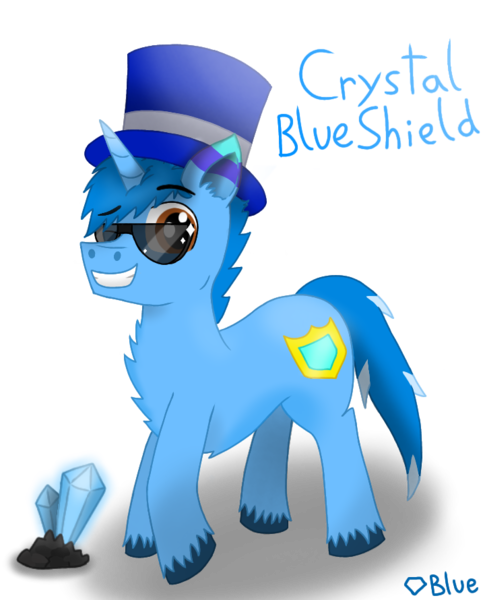 Size: 720x890 | Tagged: safe, derpibooru import, oc, oc:blueshield, unicorn, blue coat, blue mane, brown eyes, crystal, hat, image, male, png, solo, sunglasses