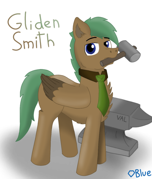 Size: 920x1080 | Tagged: safe, derpibooru import, oc, oc:gliden smith, pegasus, anvil, blue eyes, green mane, hammer, image, male, necktie, png, solo, tall, wings