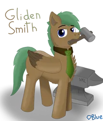 Size: 920x1080 | Tagged: safe, derpibooru import, oc, oc:gliden smith, pegasus, anvil, blue eyes, green mane, hammer, image, male, necktie, png, solo, tall, wings