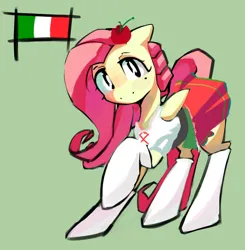 Size: 3640x3719 | Tagged: safe, artist:solid shrimp, derpibooru import, fluttershy, pegasus, pony, blouse, clothes, food, hat, image, italy, jpeg, looking at you, skirt, smiling, socks, solo, tomato