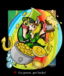 Size: 3024x3600 | Tagged: safe, artist:dzhu.sokolov, artist:sally stuart, derpibooru import, oc, oc:mignon mcmahon, unicorn, cauldron, gold, gold coins, holiday, image, irish, png, rainbow, saint patrick's day, solo