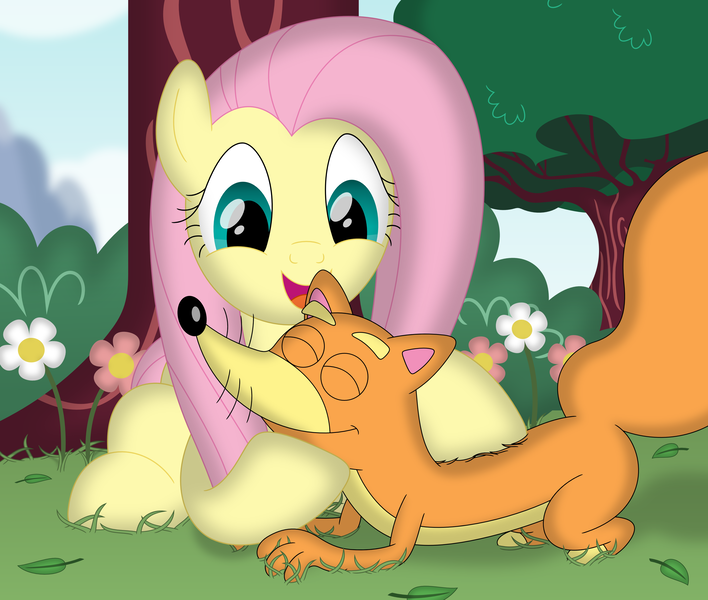 Size: 3488x2958 | Tagged: safe, artist:porygon2z, derpibooru import, fluttershy, fox, pony, dora the explorer, image, png, swiper, swiper the fox