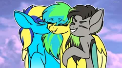 Size: 1920x1080 | Tagged: safe, artist:koa, artist:koapony, derpibooru import, oc, oc:faulty, oc:general mumble, oc:koa, changeling, pegasus, pony, happy, hug, image, jpeg, kiss on the cheek, kissing, polyamory, shipping, winghug, wings