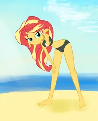 Size: 1191x1470 | Tagged: safe, artist:calmbreezes, derpibooru import, sunset shimmer, human, equestria girls, barefoot, beach, clothes, feet, image, legs, png, solo, sunset shimmer's beach shorts swimsuit, swimsuit