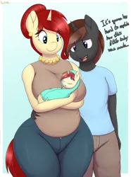 Size: 3343x4500 | Tagged: safe, artist:an-tonio, derpibooru import, oc, oc:golden brooch, oc:twisty, unofficial characters only, anthro, pony, unicorn, busty golden brooch, clothes, commission, dialogue, ear piercing, earring, family, father and child, father and son, female, foal, goldentwist, illegitimate, image, jewelry, male, mare, mother and child, mother and son, necklace, parent:oc:golden brooch, parent:oc:twisty, piercing, png, stallion, wholesome