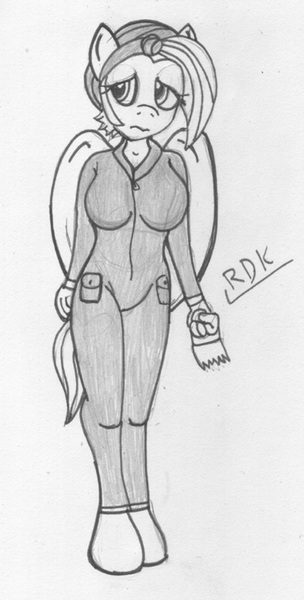 Size: 380x750 | Tagged: safe, artist:rdk, fluttershy, anthro, pegasus, alternate universe, clothes, female, image, jpeg, pencil drawing, shears, solo, traditional art, uniform