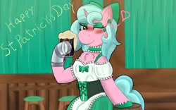 Size: 1920x1200 | Tagged: safe, artist:gray star, derpibooru import, oc, oc:candy chip, unofficial characters only, cyborg, pony, unicorn, alcohol, bar maid, blushing, bow, chest fluff, choker, ear piercing, female, frilly, holiday, hoof polish, image, looking at you, mare, one eye closed, piercing, png, pot of gold, saint patrick's day, shamrock, wink, winking at you