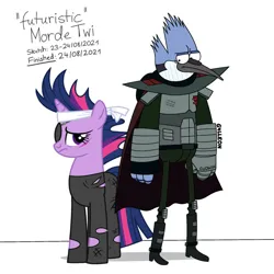 Size: 1024x1024 | Tagged: safe, artist:g4lleon, derpibooru import, twilight sparkle, bird, blue jay, pony, unicorn, cape, clothes, crossover, crossover shipping, duo, eyepatch, female, future, future twilight, gauntlet, image, jpeg, male, mordecai, mordetwi, regular show, shipping, simple background, straight, text, white background