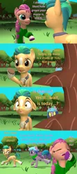 Size: 1920x4320 | Tagged: safe, artist:red4567, derpibooru import, hitch trailblazer, izzy moonbow, sunny starscout, earth pony, pony, unicorn, 3d, bandana, chase, clothes, comic, female, floppy ears, g4, g5, g5 to g4, generation leap, holiday, image, imminent pinch, laughing, male, mare, png, running away, saint patrick's day, sash, source filmmaker, stallion, sweater, tree, unshorn fetlocks