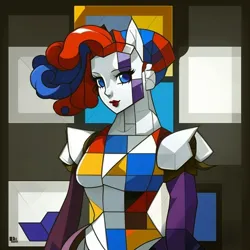 Size: 1024x1024 | Tagged: safe, derpibooru import, machine learning generated, midjourney, rarity, human, de stijl, female, humanized, image, looking at you, modern art, piet mondrian, png, solo