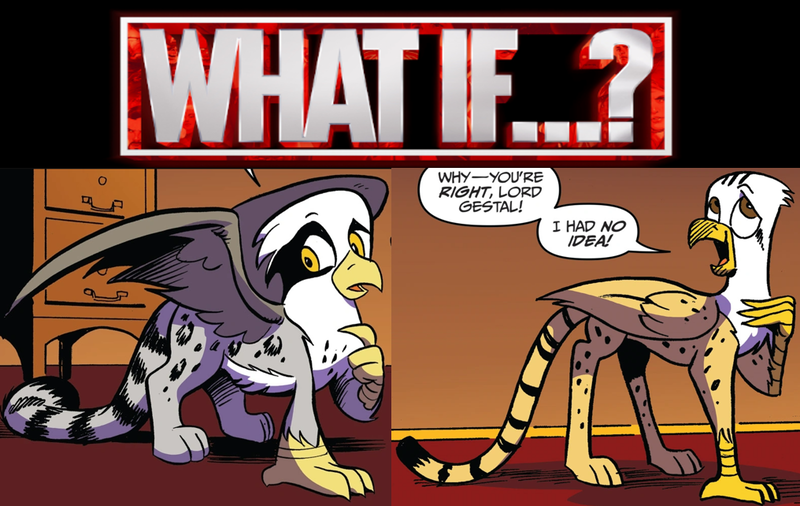 Size: 1016x642 | Tagged: safe, derpibooru import, screencap, glenda, lord goldstone, gryphon, spoiler:comic, image, png, what if