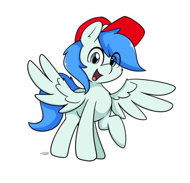 Size: 1277x1231 | Tagged: safe, artist:taurson, derpibooru import, oc, oc:sports news, unofficial characters only, pegasus, pony, cap, eye clipping through hair, hat, image, looking at you, male, open mouth, open smile, pegasus oc, png, raised hoof, simple background, smiling, smiling at you, solo, spread wings, stallion, transparent background, wings