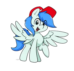 Size: 1277x1231 | Tagged: safe, artist:taurson, derpibooru import, oc, oc:sports news, unofficial characters only, pegasus, pony, cap, eye clipping through hair, hat, image, looking at you, male, open mouth, open smile, pegasus oc, png, raised hoof, simple background, smiling, smiling at you, solo, spread wings, stallion, transparent background, wings