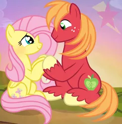 Size: 624x635 | Tagged: safe, artist:lightningsparkle95, derpibooru import, big macintosh, fluttershy, earth pony, pegasus, pony, base used, blushing, female, fluttermac, heart, heart eyes, holding hooves, image, looking at each other, looking at someone, looking into each others eyes, male, mare, png, shipping, signature, smiling, smiling at each other, stallion, straight, sunset, wingding eyes