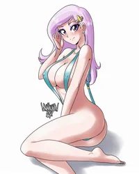 Size: 2000x2500 | Tagged: suggestive, artist:danmakuman, derpibooru import, fleur-de-lis, human, absolute cleavage, ass, bikini, blushing, breasts, busty fleur-de-lis, butt, cleavage, clothes, erect nipples, eyebrows, eyebrows visible through hair, eyeshadow, female, fleur-de-rriere, hairpin, high res, humanized, image, jpeg, looking at you, makeup, miss fleur is trying to seduce us, nipple outline, shadow, signature, sitting, skimpy outfit, sling bikini, smiling, smiling at you, solo, solo female, swimsuit