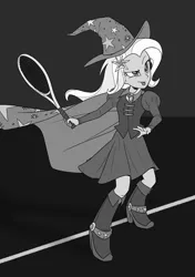 Size: 1500x2135 | Tagged: safe, artist:hexfloog, derpibooru import, trixie, equestria girls, barrette, boots, cape, clothes, commission, dress, fall formal outfits, hat, high heel boots, image, jpeg, monochrome, shoes, sports, tennis, tennis racket, trixie's cape, trixie's hat