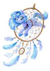 Size: 851x1200 | Tagged: safe, artist:maytee, derpibooru import, princess luna, alicorn, pony, adorable distress, colored pencil drawing, commission, commissioner:shaddar, cute, dream walker luna, dreamcatcher, female, filly, image, lunabetes, mare, peytral, png, solo, stuck, traditional art