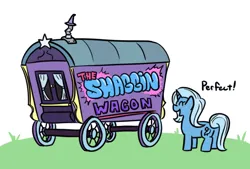 Size: 630x425 | Tagged: safe, artist:jargon scott, derpibooru import, trixie, pony, unicorn, butt, eyes closed, female, image, mare, open mouth, open smile, plot, png, simple background, smiling, solo, trixie's wagon, wagon, white background