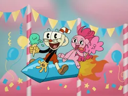 Size: 2048x1536 | Tagged: safe, artist:inkies299, derpibooru import, pinkie pie, earth pony, pony, balloon, confetti, cotton candy, crossover, cuphead, cuphead (character), duo, female, fireworks, food, hoof hold, ice cream, image, jpeg, mare, open mouth, rocket, smiling, style emulation, tongue out