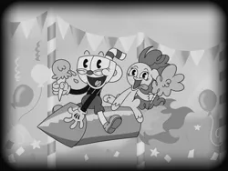 Size: 2048x1536 | Tagged: safe, alternate version, artist:inkies299, derpibooru import, pinkie pie, earth pony, pony, balloon, black and white, confetti, cotton candy, crossover, cuphead, cuphead (character), duo, female, fireworks, food, grayscale, hoof hold, ice cream, image, jpeg, mare, monochrome, open mouth, rocket, smiling, style emulation, tongue out