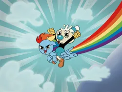 Size: 2048x1536 | Tagged: safe, artist:inkies299, derpibooru import, rainbow dash, pegasus, pony, arms in the air, crossover, cuphead, duo, female, flying, image, jpeg, mare, mugman, open mouth, rainbow, riding, smiling, smirk, style emulation