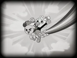 Size: 2048x1536 | Tagged: safe, alternate version, artist:inkies299, derpibooru import, rainbow dash, pegasus, pony, arms in the air, black and white, crossover, cuphead, duo, female, flying, grayscale, image, jpeg, mare, monochrome, mugman, open mouth, rainbow, riding, smiling, smirk, style emulation