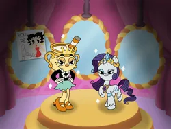 Size: 2048x1536 | Tagged: safe, artist:inkies299, derpibooru import, rarity, pony, unicorn, bedroom eyes, betty boop, carousel boutique, chalice, crossover, cuphead, duo, female, hand on hip, image, jewelry, jpeg, mare, mirror, ms. chalice, necklace, pearl necklace, poster, smiling, sparkles, style emulation, tiara