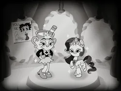 Size: 2048x1536 | Tagged: safe, alternate version, artist:inkies299, derpibooru import, rarity, pony, unicorn, bedroom eyes, betty boop, black and white, carousel boutique, chalice, crossover, cuphead, duo, female, grayscale, hand on hip, image, jewelry, jpeg, mare, mirror, monochrome, ms. chalice, necklace, pearl necklace, poster, smiling, sparkles, style emulation, tiara