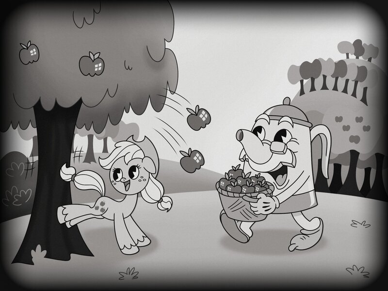 Size: 2048x1536 | Tagged: safe, alternate version, artist:inkies299, derpibooru import, applejack, earth pony, pony, apple, apple tree, applebucking, basket, black and white, crossover, cuphead, duo, food, grayscale, image, jpeg, kettle, monochrome, open mouth, smiling, style emulation, sweet apple acres, tree