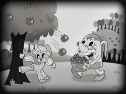 Size: 2048x1536 | Tagged: safe, alternate version, artist:inkies299, derpibooru import, applejack, earth pony, pony, apple, apple tree, applebucking, basket, black and white, crossover, cuphead, duo, food, grayscale, image, jpeg, kettle, monochrome, open mouth, smiling, style emulation, sweet apple acres, tree