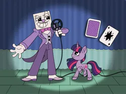 Size: 2048x1536 | Tagged: safe, artist:inkies299, derpibooru import, twilight sparkle, pony, unicorn, bowtie, clothes, crossover, cuphead, curtains, duo, grin, image, jpeg, king dice, microphone, smiling, spotlight, style emulation, suit, unicorn twilight