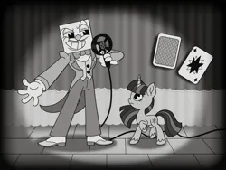 Size: 2048x1536 | Tagged: safe, alternate version, artist:inkies299, derpibooru import, twilight sparkle, pony, unicorn, black and white, bowtie, clothes, crossover, cuphead, curtains, duo, grayscale, grin, image, jpeg, king dice, microphone, monochrome, smiling, spotlight, style emulation, suit, unicorn twilight
