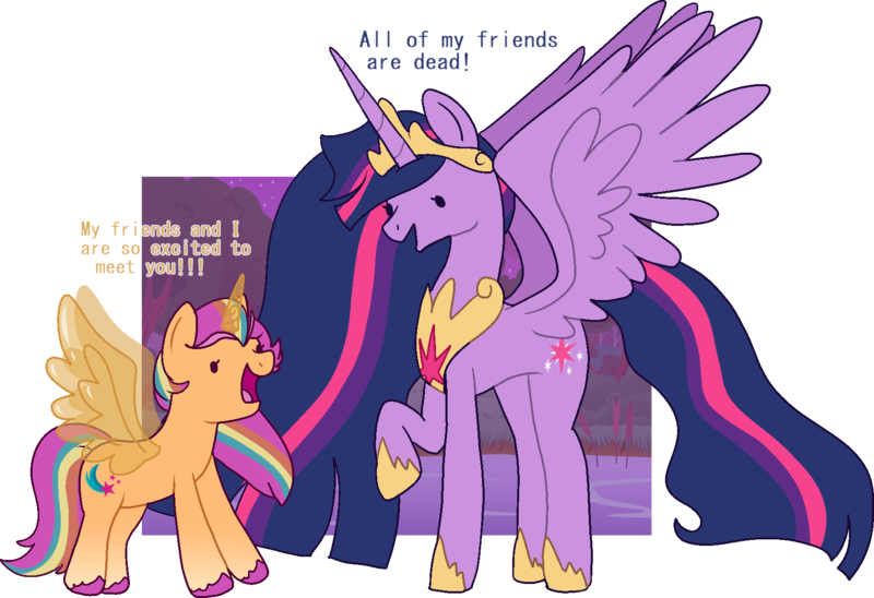 Size: 1670x1144 | Tagged: safe, artist:nawniio, derpibooru import, princess twilight 2.0, sunny starscout, twilight sparkle, twilight sparkle (alicorn), alicorn, earth pony, pony, my little pony: a new generation, the last problem, crown, duo, female, g5, image, jewelry, mare, older, older twilight, png, race swap, regalia, smiling, sunny and her heroine, sunnycorn, text