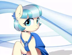 Size: 748x569 | Tagged: safe, artist:vinilyart_d, derpibooru import, coco pommel, abstract background, blue dress, clothes, dress, gown, image, jewelry, jpeg, looking at you, necklace, raised hoof, shadow, smiling