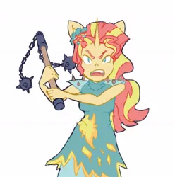 Size: 1280x1290 | Tagged: safe, artist:navy-pon, derpibooru import, sunset shimmer, anthro, unicorn, equestria girls, angry, clothes, flail, image, jpeg, looking at you, open mouth, solo, weapon