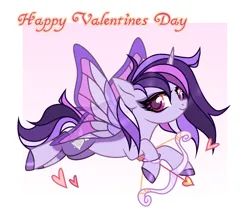 Size: 2052x1800 | Tagged: safe, artist:pritonhells, derpibooru import, oc, oc:dreaming bell, unofficial characters only, pony, unicorn, arrow, artificial wings, augmented, bow (weapon), commission, cute, female, flying, heart, heart arrow, hearts and hooves day, holiday, hoof polish, horn, image, magic, magic wings, mare, ocbetes, png, simple background, smiling, solo, two toned coat, unicorn oc, valentine's day, wings