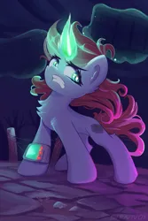Size: 2731x4096 | Tagged: safe, artist:stravy_vox, derpibooru import, oc, oc:littlepip, unofficial characters only, pony, unicorn, fallout equestria, eyebrows, fanfic art, frown, glow, glowing horn, high res, horn, image, jpeg, magic, magic aura, pipbuck, signature, solo, teeth, telekinesis, textless, unicorn oc