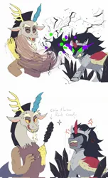 Size: 1244x2048 | Tagged: safe, artist:plusplus_pony, derpibooru import, discord, king sombra, draconequus, pony, unicorn, the beginning of the end, angry, armor, candy, cape, clothes, crown, crystal, duo, duo male, eyebrows, eyes closed, food, frown, glow, glowing eyes, glowing horn, grin, horn, image, jewelry, jpeg, male, open mouth, open smile, regalia, rock candy, simple background, smiling, sombra eyes, stallion, teeth, tongue out, white background