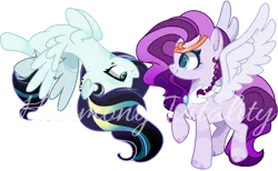 Size: 2564x1576 | Tagged: safe, artist:harmonyvitality-yt, derpibooru import, oc, unofficial characters only, pegasus, pony, base used, duo, flying, image, magical lesbian spawn, offspring, parent:coloratura, parent:pipp petals, parent:songbird serenade, pegasus oc, png, raised hoof, upside down, wings